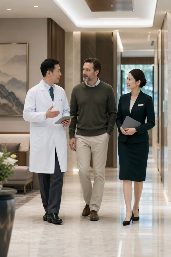 Doctor consultation in a hospital corridor